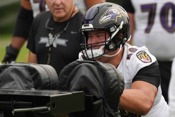 Jul 29, 2021; Owings Mills, MD, USA; Baltimore Ravens tackle Foster Sarell (69) practices blocking at the Under Amour Performance Center.